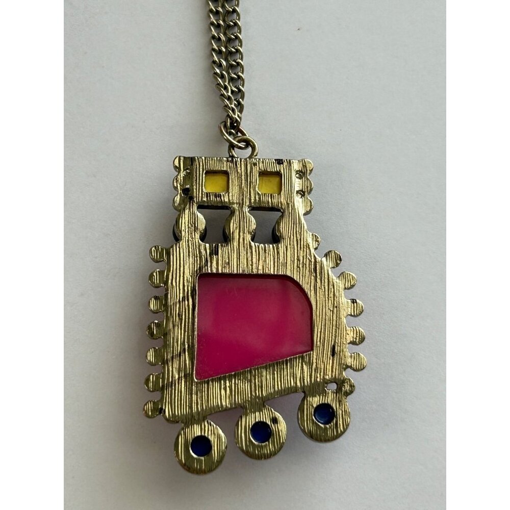 1980s 1990s Funky Bright Colorful Geometric Pendant Necklace Pink Yellow Blue - Picture 4 of 7